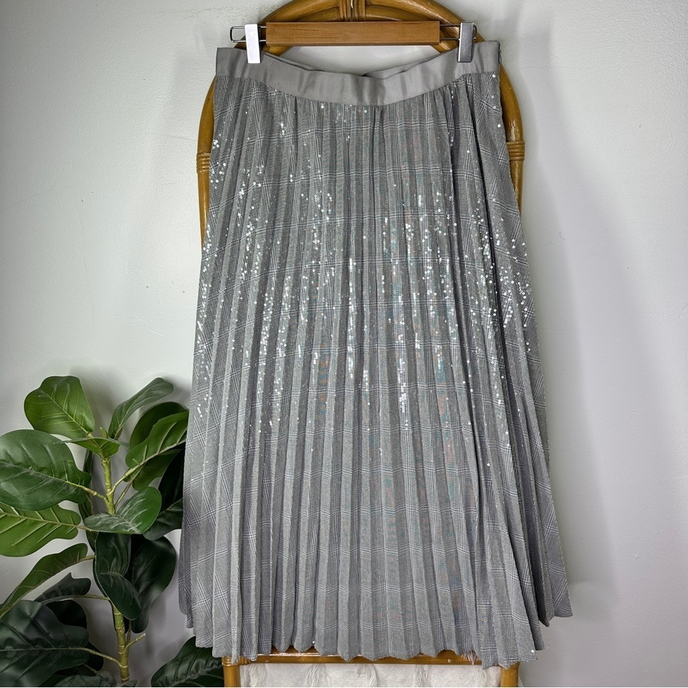 NWT Story Boutique Silver Sequin Accordion Midi Skirt sz L